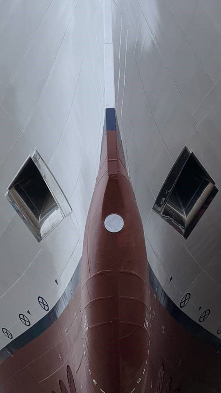 Large ship hull in shipyard under construction