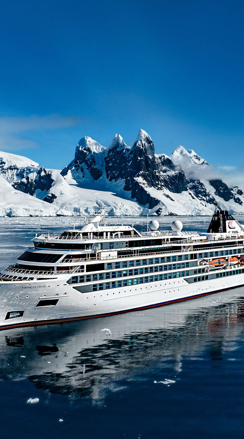 Luxury cruise ship in icy Antarctic waters