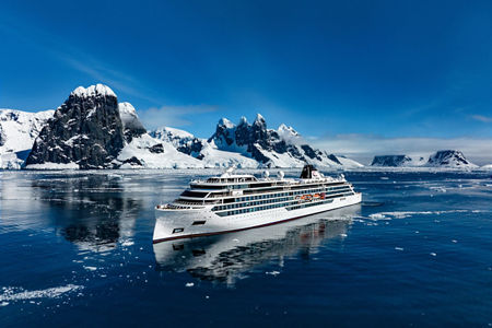 Luxury cruise ship in icy Antarctic waters