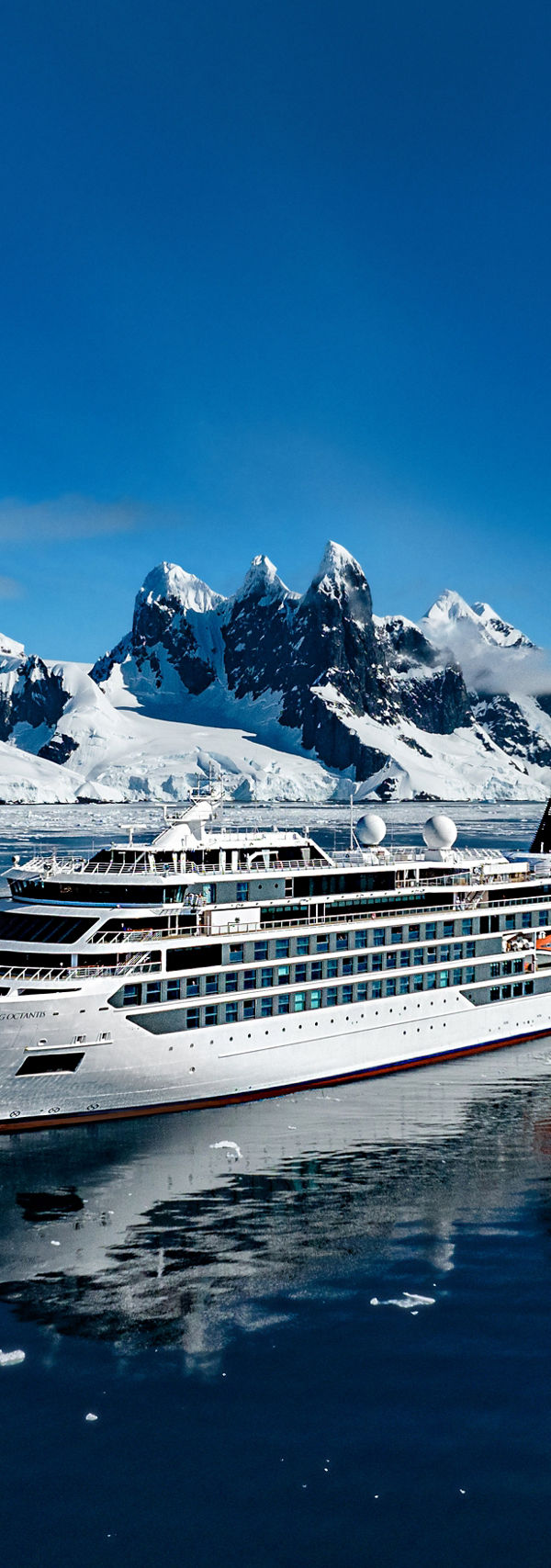 Luxury cruise ship in icy Antarctic waters
