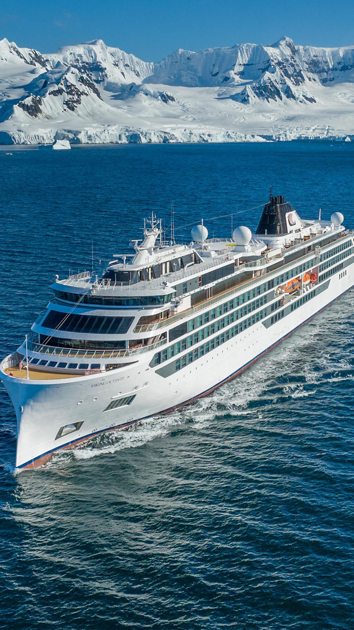 Luxury cruise ship in icy Antarctic waters