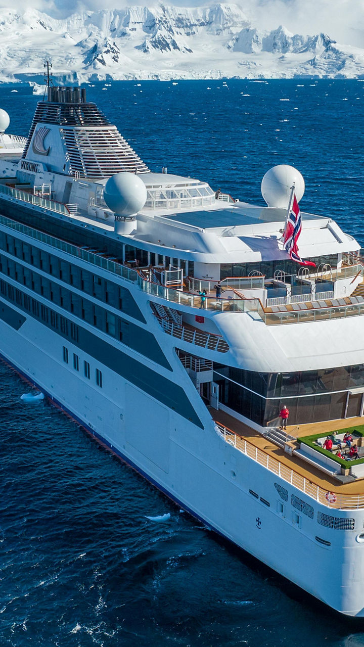 Luxury cruise ship in icy Antarctic waters