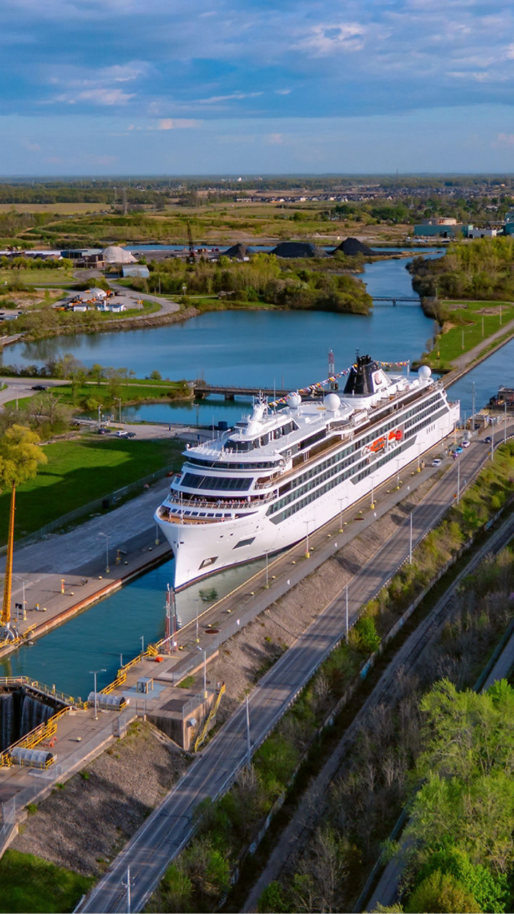 Cruise ship passing through canal lock