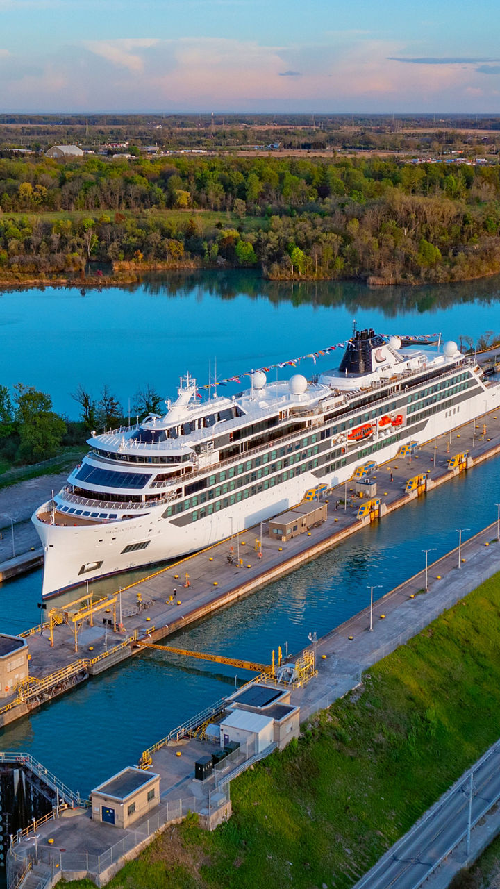 Cruise ship passing through canal lock