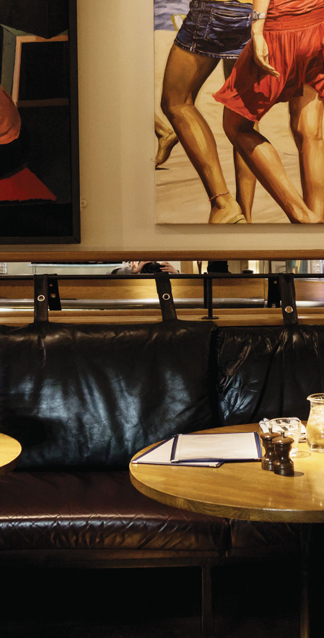 Cozy café with eclectic wall art