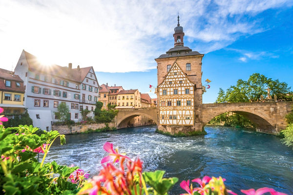 Historic German town with riverside architecture