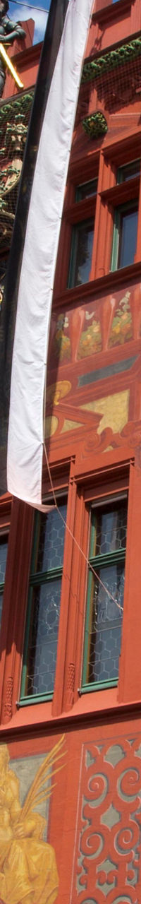 Historic red building with decorative facade