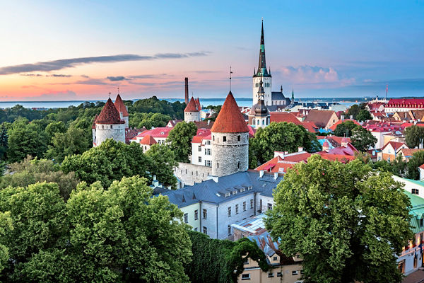 Historic Tallinn skyline at sunset
