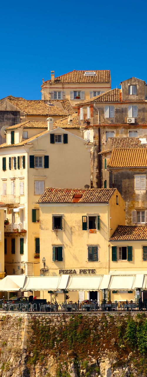 Colorful waterfront buildings in sunny town