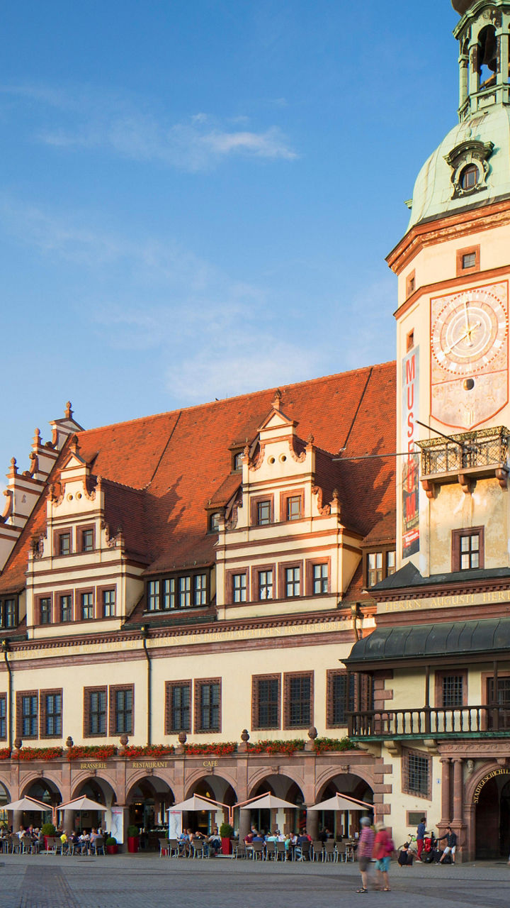 Historic Leipzig building with clock tower