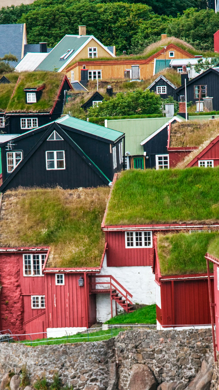 Colorful houses with grass roofs by the water