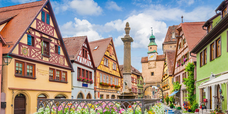 Colorful medieval town with floral accents