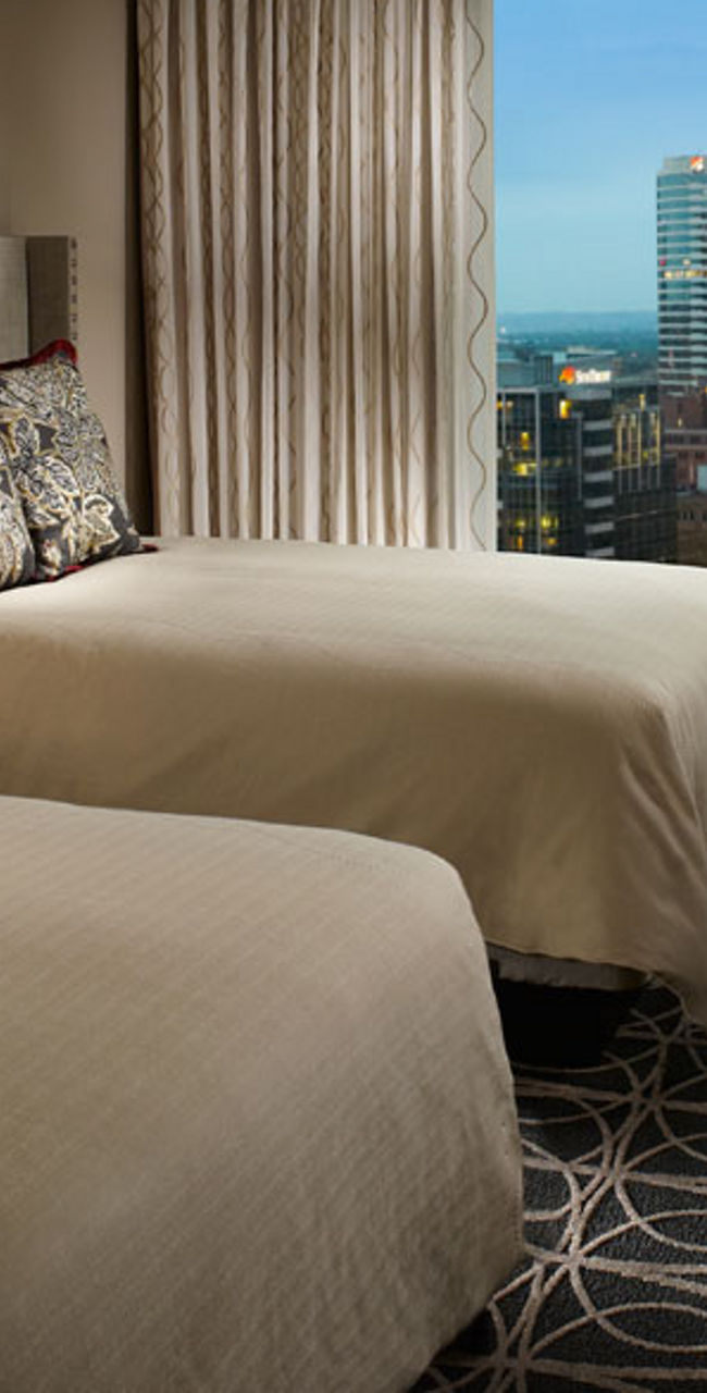 Modern hotel room with city view