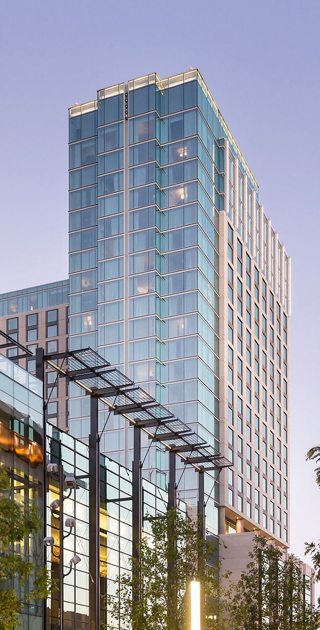 Modern urban plaza with tall buildings