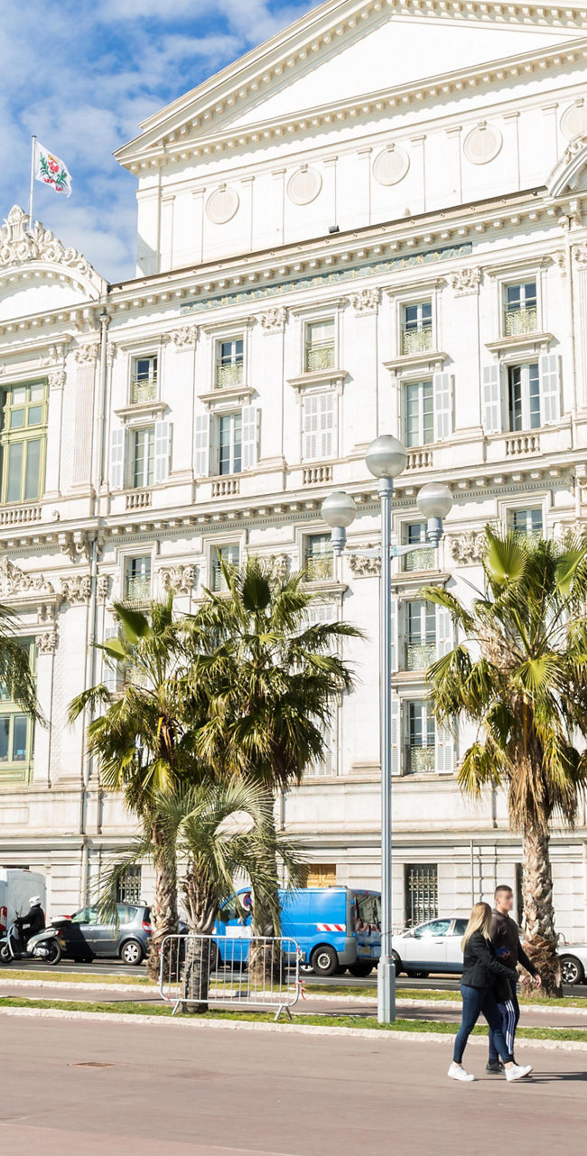 Historic French Building with Palm Trees