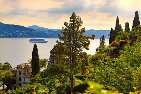 Scenic coastal view with cruise ship