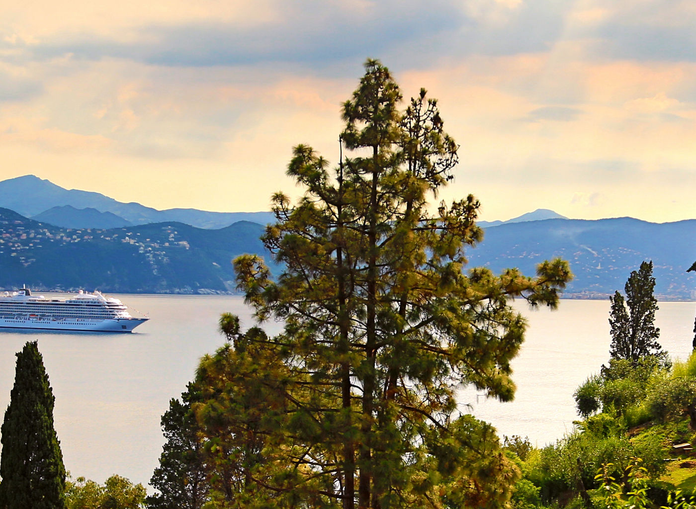 Scenic coastal view with cruise ship