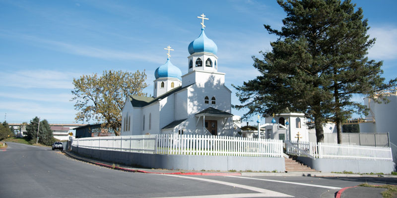 White church with blue onion domes