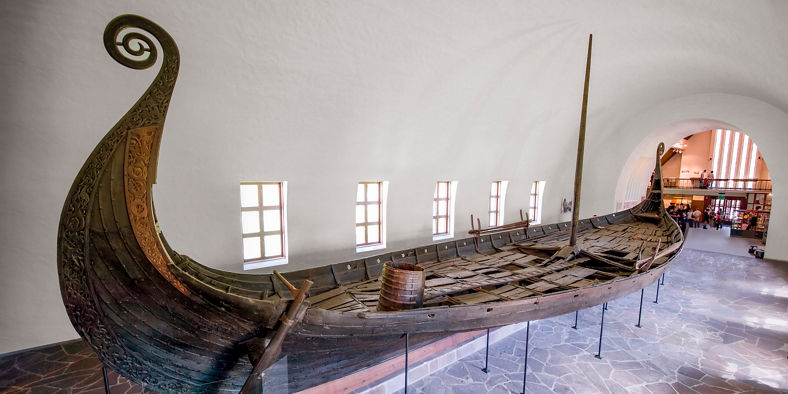 Ancient Viking ship in museum exhibit