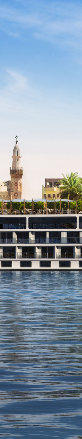 Luxury river cruise ship near ancient ruins