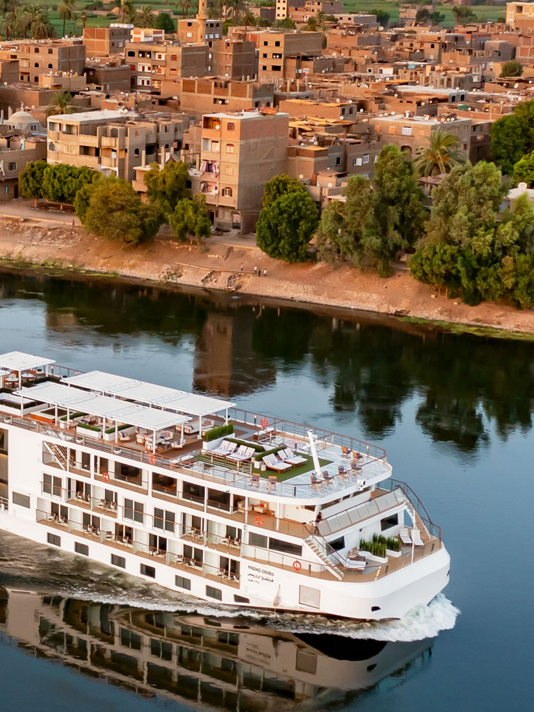 Luxury river cruise ship on calm waters