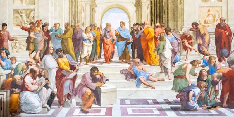 Renaissance fresco of ancient philosophers debating