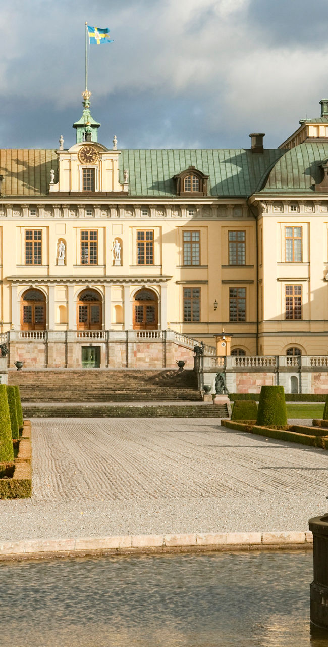 Drottningholm Palace with ornate fountain view