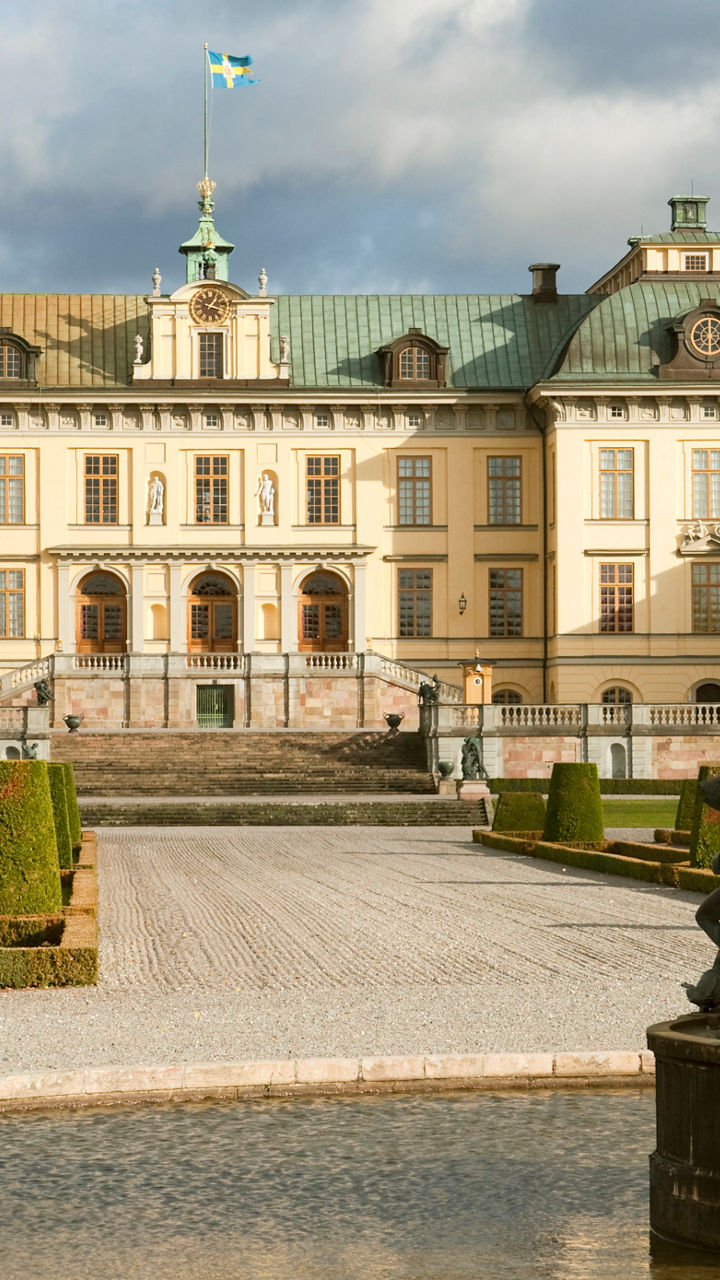 Drottningholm Palace with ornate fountain view
