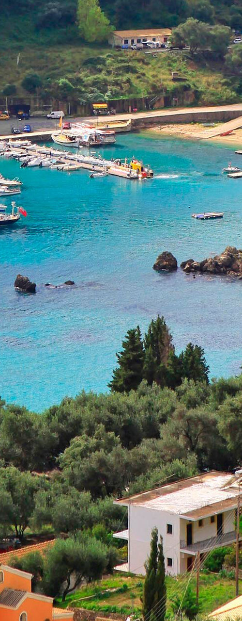 Scenic coastal village with lush greenery