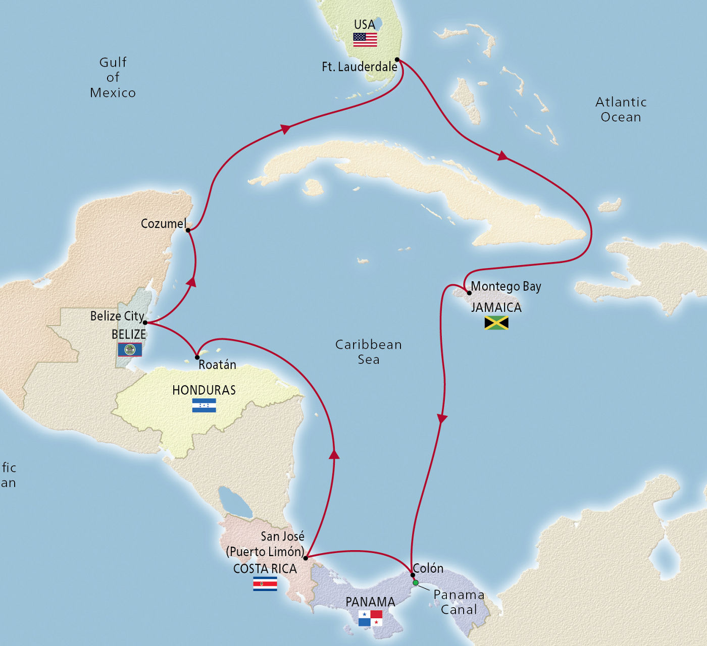 Map of Panama Canal & Central America itinerary