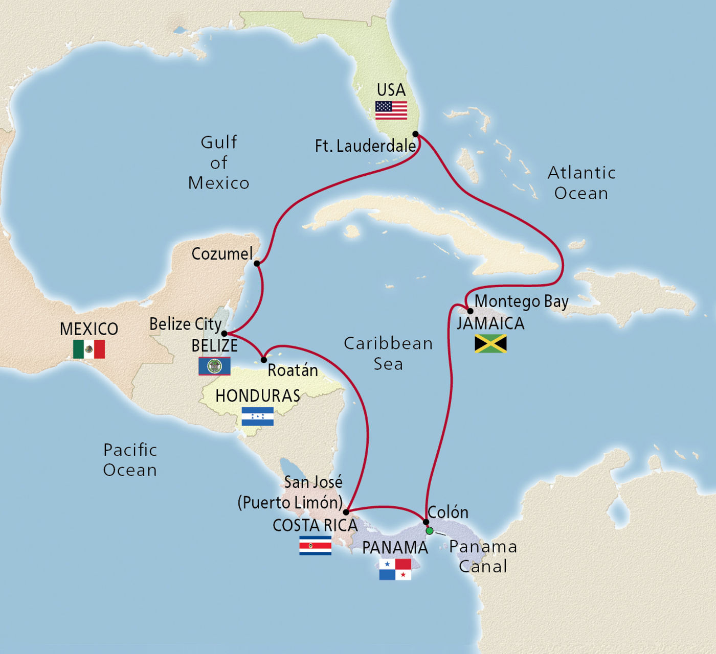 Map of Panama Canal & Central America itinerary