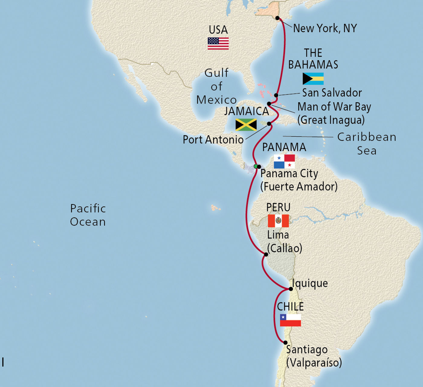 Map of Panama Canal & the Americas itinerary