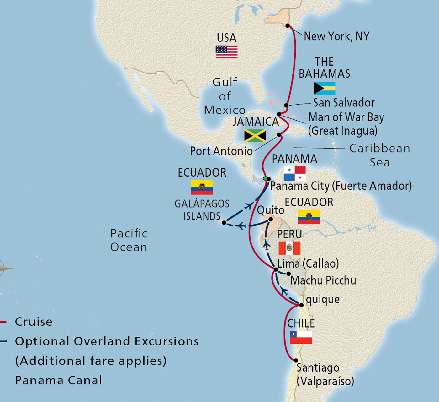 Map of Panama Canal & the Americas itinerary