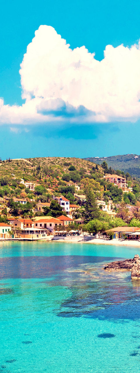 Scenic coastal village with turquoise waters