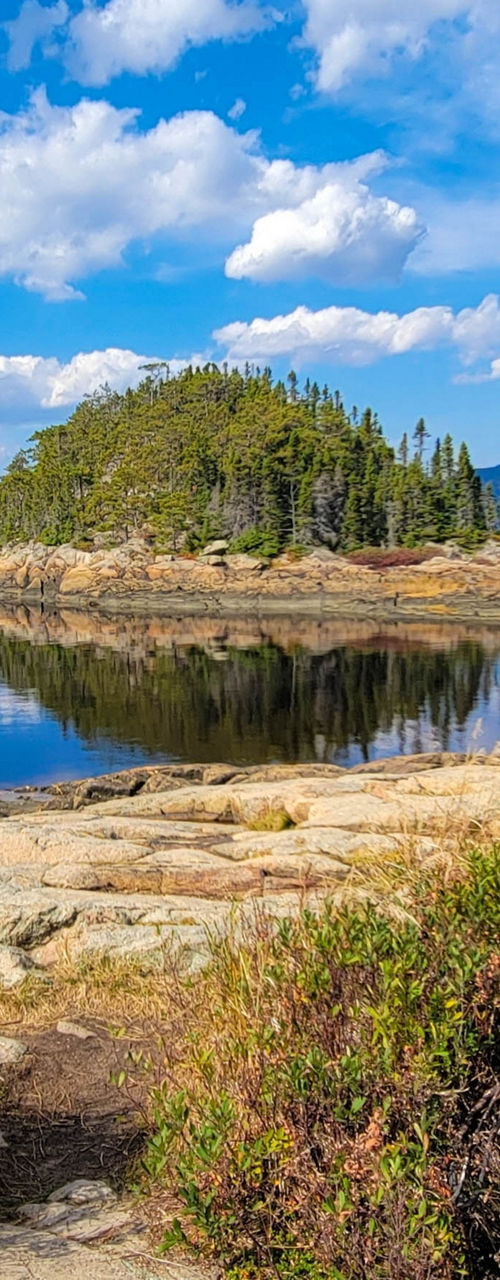 Scenic lake with island and autumn foliage