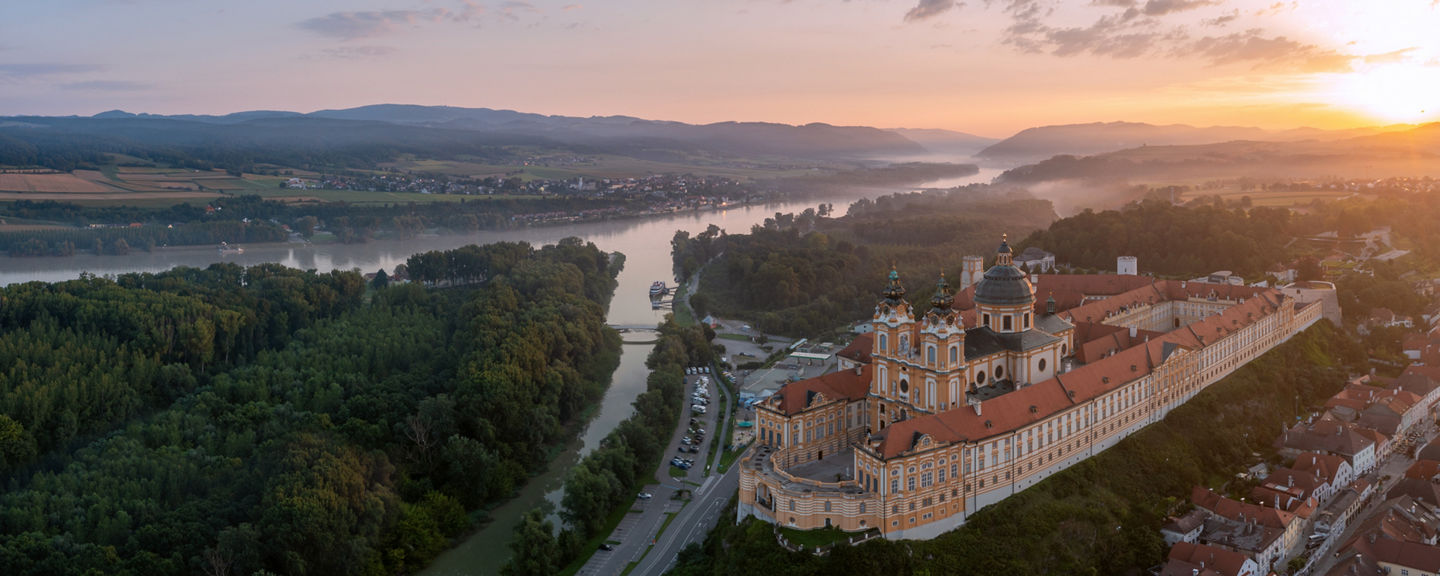 Aerial view of Melk Abbey at sunset
