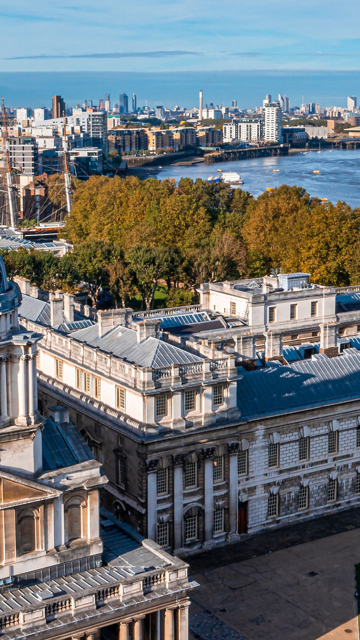 Aerial view of Greenwich and Thames River
