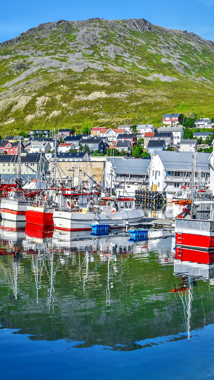 Scenic harbor with fishing boats and houses
