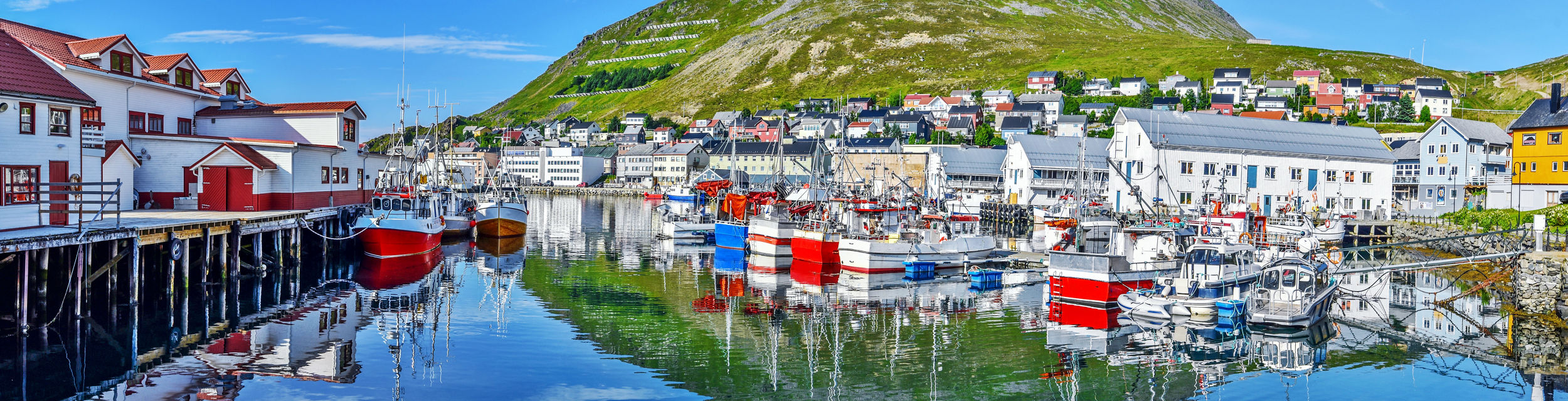 Scenic harbor with fishing boats and houses