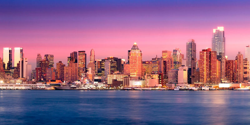 New York City skyline at sunset