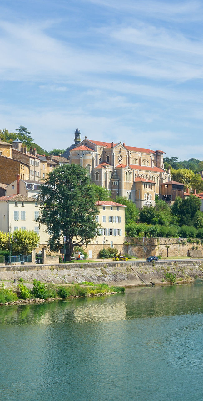 Scenic riverside town with hillside buildings