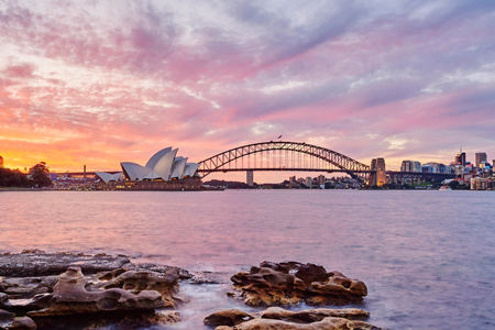 Sydney Harbour Bridge and Opera House at sunset