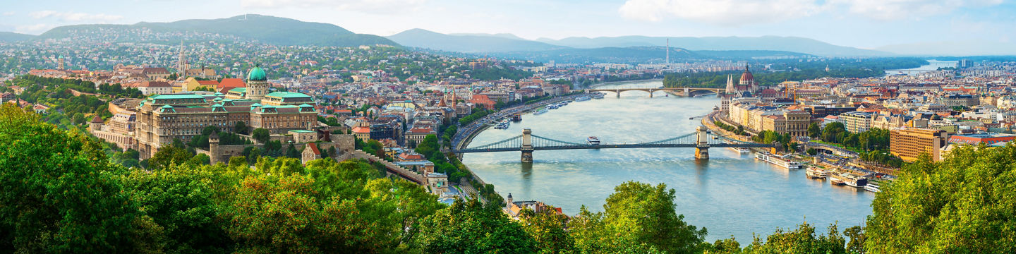 Panoramic cityscape with river and bridges
