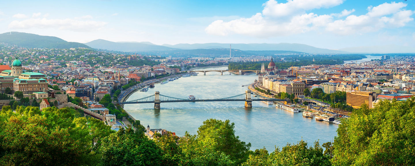 Panoramic cityscape with river and bridges