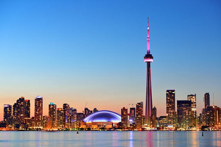 Toronto skyline at sunset with CN Tower