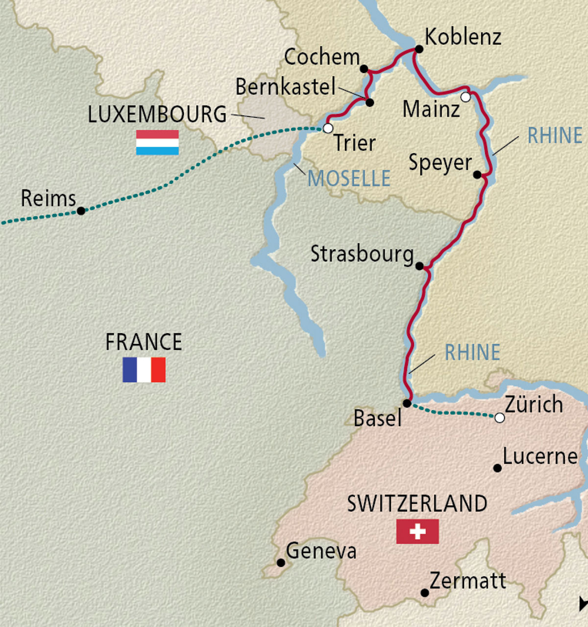 map of france, germany, and switzerland that depicts cruisetour route between paris and zurich along the moselle and rhine rivers. 
