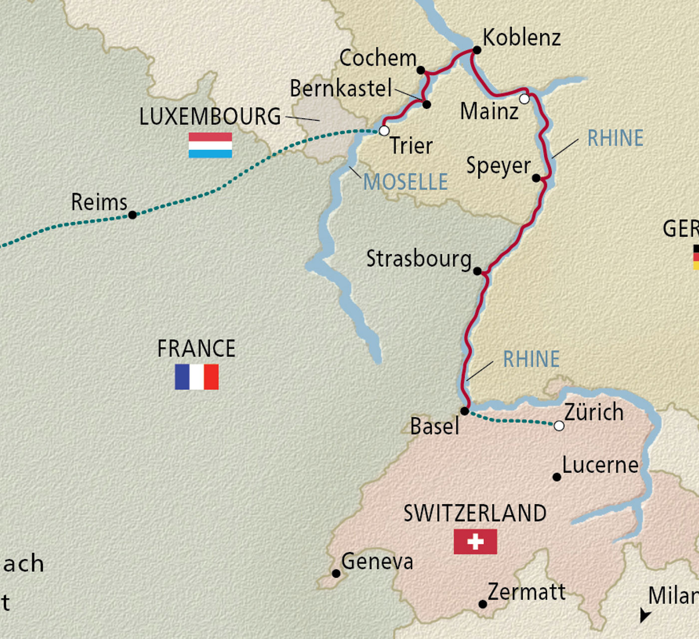 Map of Paris to the Swiss Alps itinerary