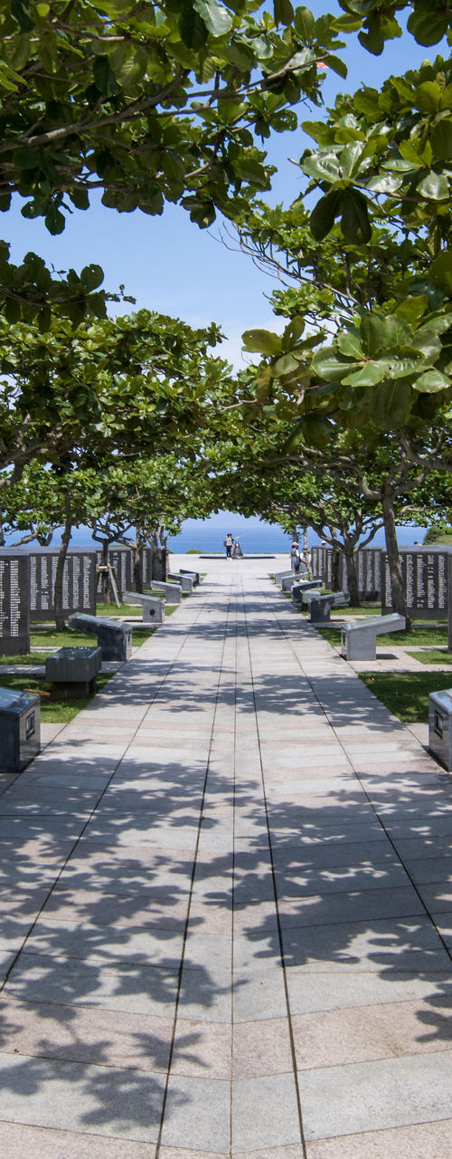 Peaceful memorial pathway under lush trees