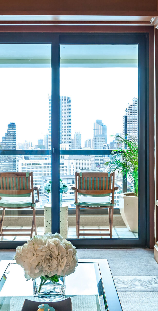 Luxury hotel room with city view