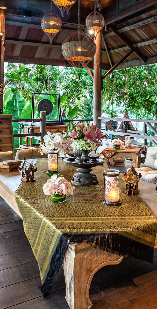 Elegant outdoor lounge with wooden decor
